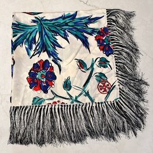 Tory Burch Women’s Large Floral Porcelain Thistle Silk Square Tassel Scarf 36”